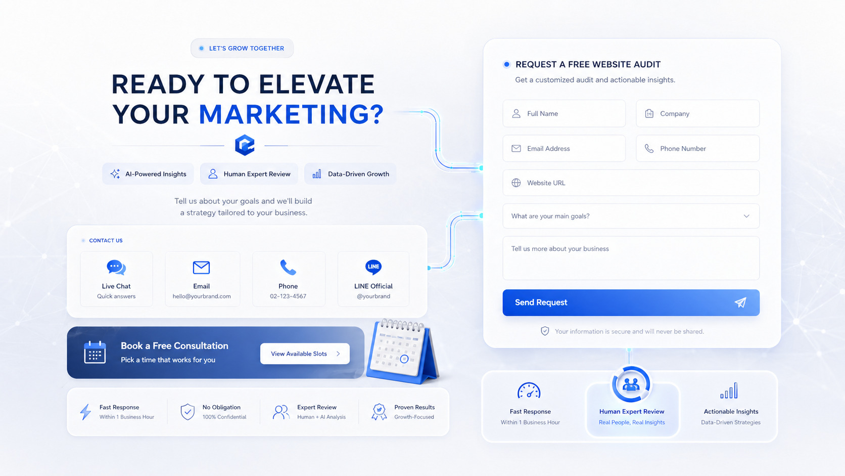 Free website audit request form with contact options and expert review benefits