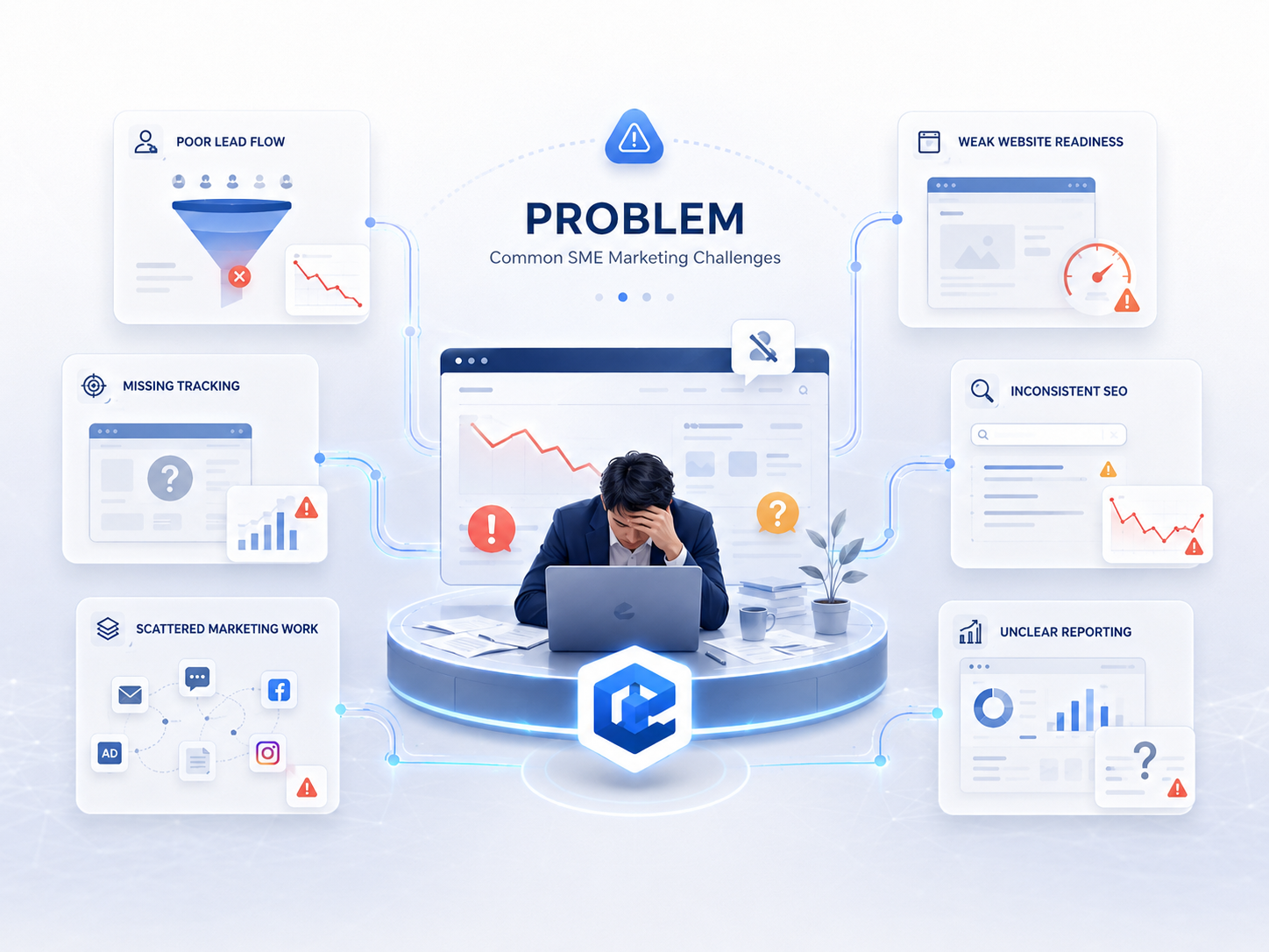 Common SME marketing problems including poor leads, missing tracking, weak SEO, and unclear reporting